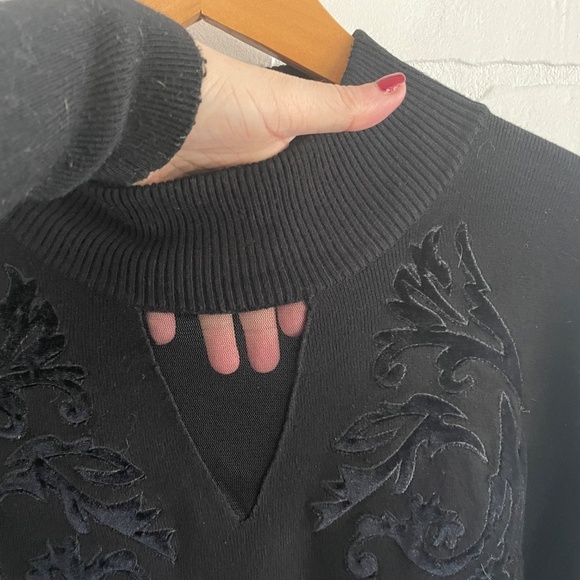 Vintage Y2K Knit Sweater Sheer mesh Burnout Velvet sleeve Damask Goth Black L - Picture 6 of 15